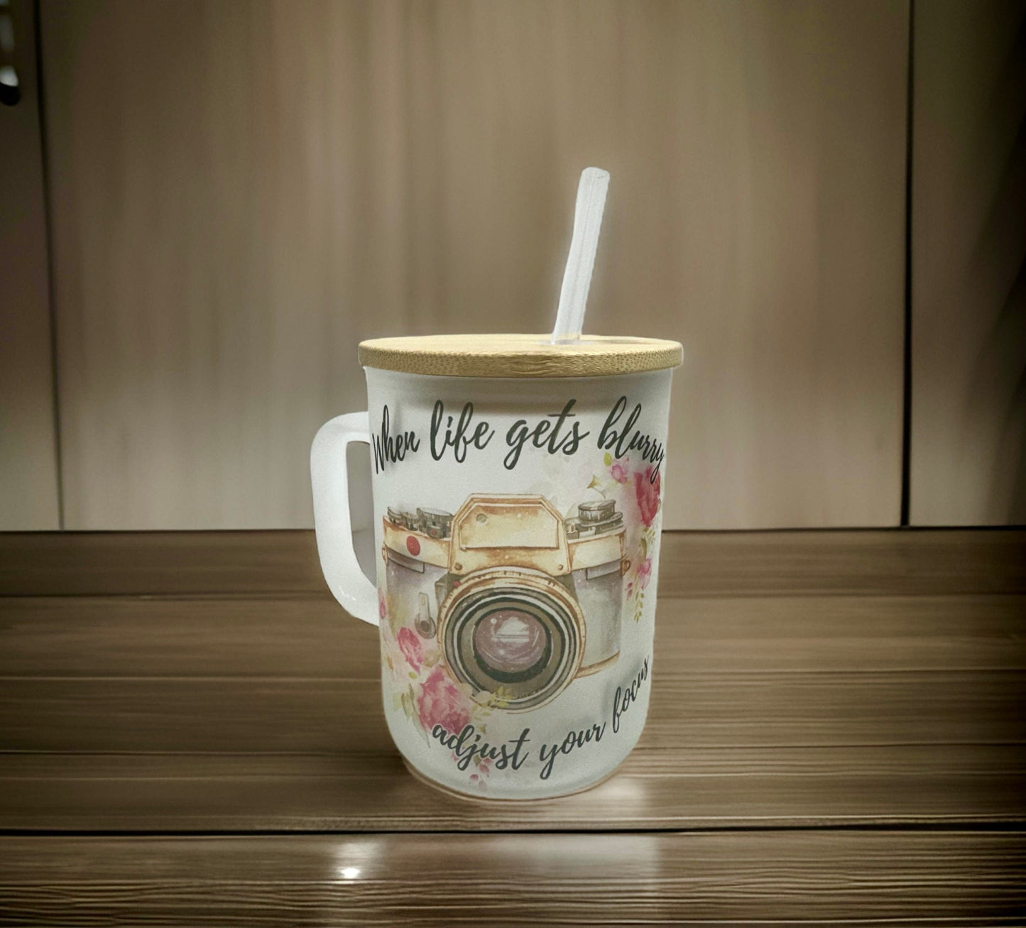 17 oz Glass Coffee Frosted Mug - "When Life Gets Blurry, Adjust Your Focus"