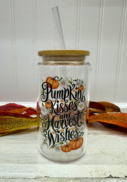 Pumpkin Kisses and Harvest Wishes Fall Drinkware, Glass Can Tumbler